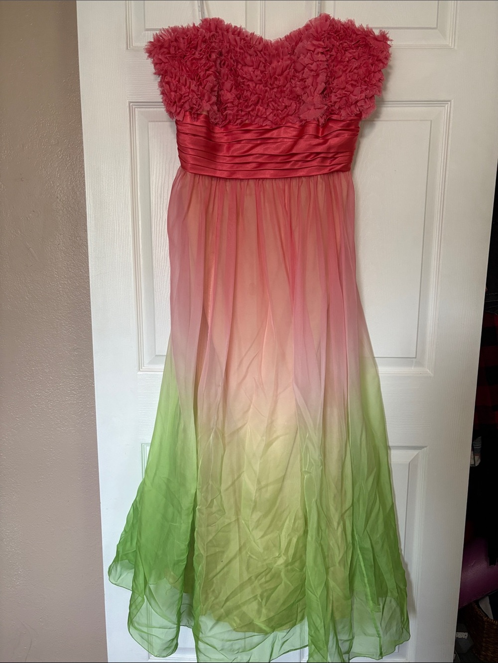 Camille La Vie Pink to Green Ombre Strapless Prom Gown